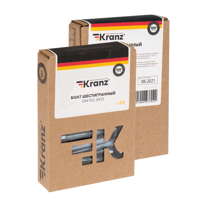 Болт шестигранный DIN 933, 8х55 короб (20 шт/уп) KRANZ - Фото 3