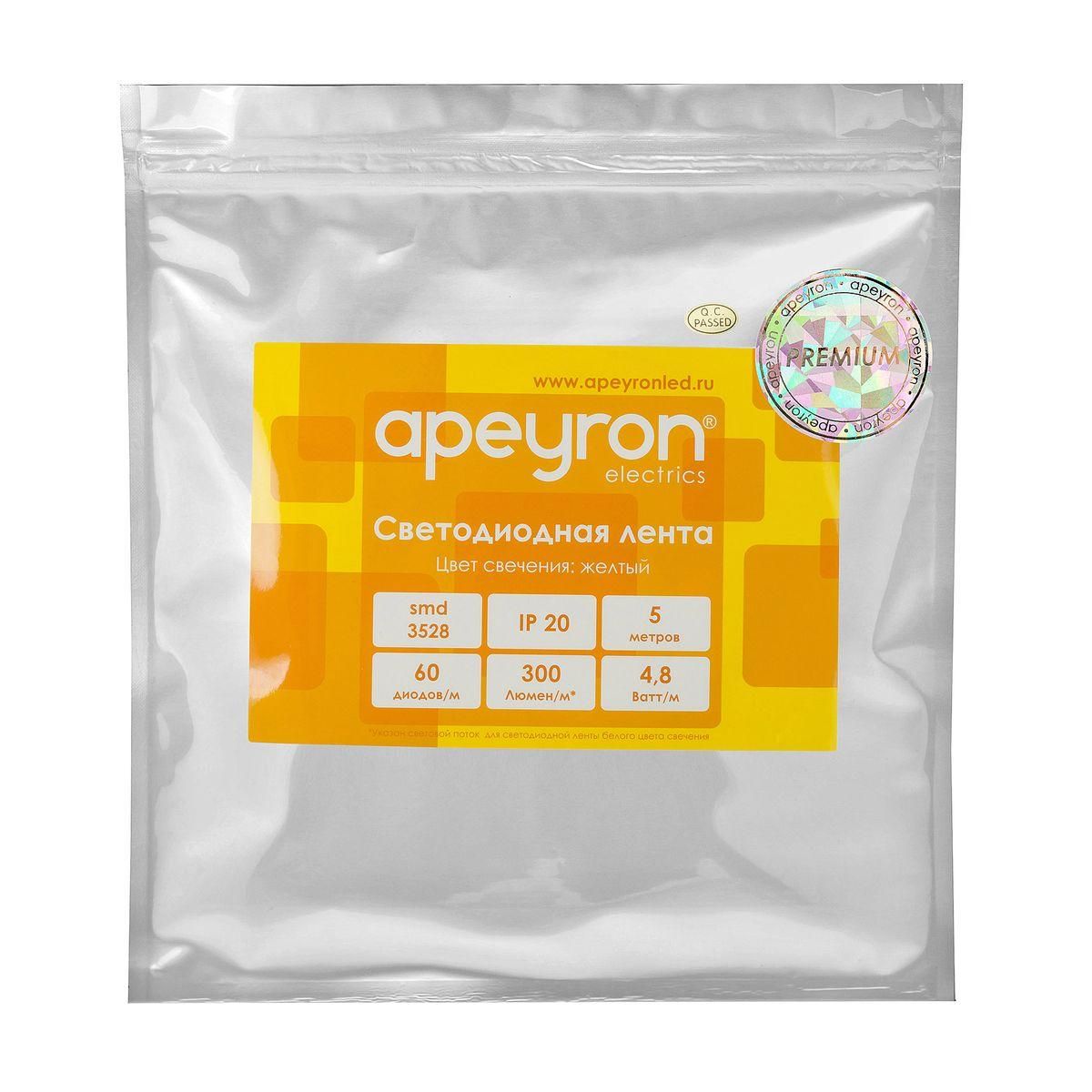 Лента светодиодная ПРО smd3528 60д/м 12В IP20 5м желтый Apeyron - Фото 8