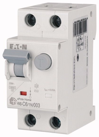 Дифф. авт. выключатель HNB-C6/1N/003, 1P+N, 6A, хар-ка C, 6kA, 30mA, тип АC, 2M Eaton