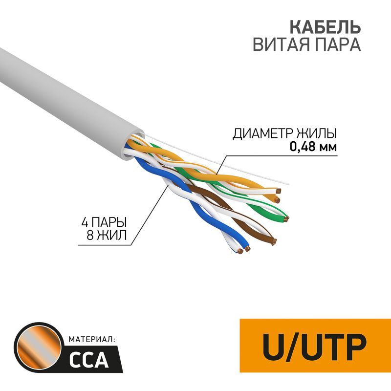 Кабель витая пара омедненный U/UTP, CCA, CAT 5e, PVC, 4PR, 24AWG, INDOOR, SOLID, серый, 305м PROconnect Light 01-0043-2