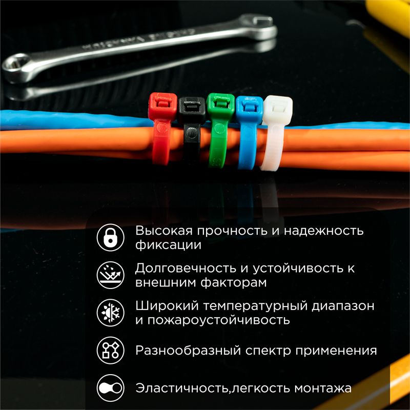 Стяжка кабельная нейлоновая 300x4,8мм, набор 5 цветов (25 шт/уп) REXANT - Фото 2