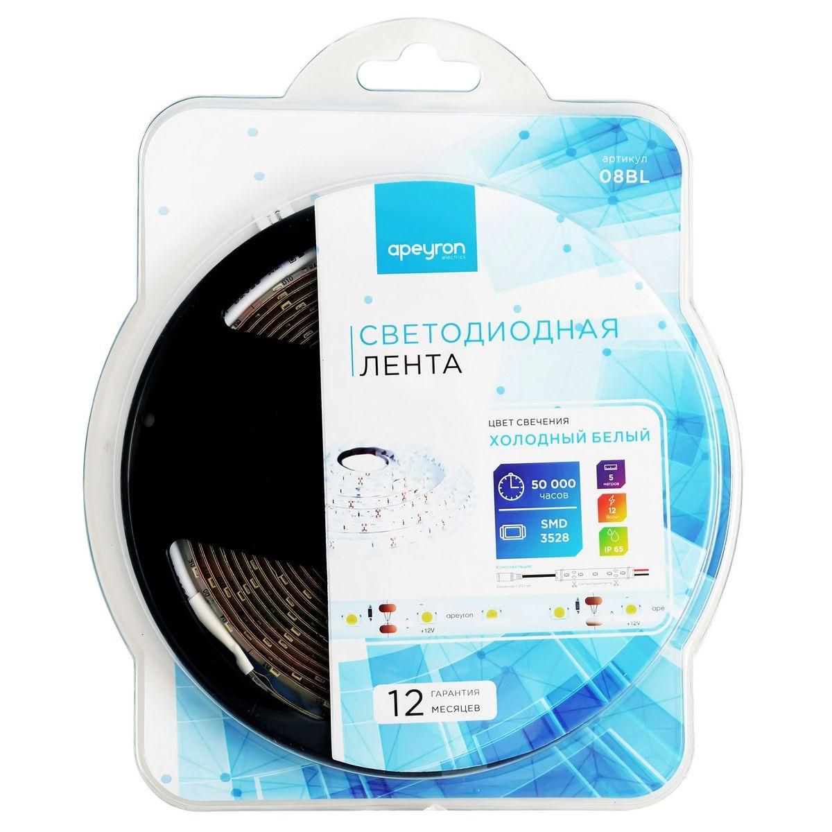 Лента светодиодная в блистере СТ smd3528 60д/м 12В 6500К IP65 5м Apeyron - Фото 7