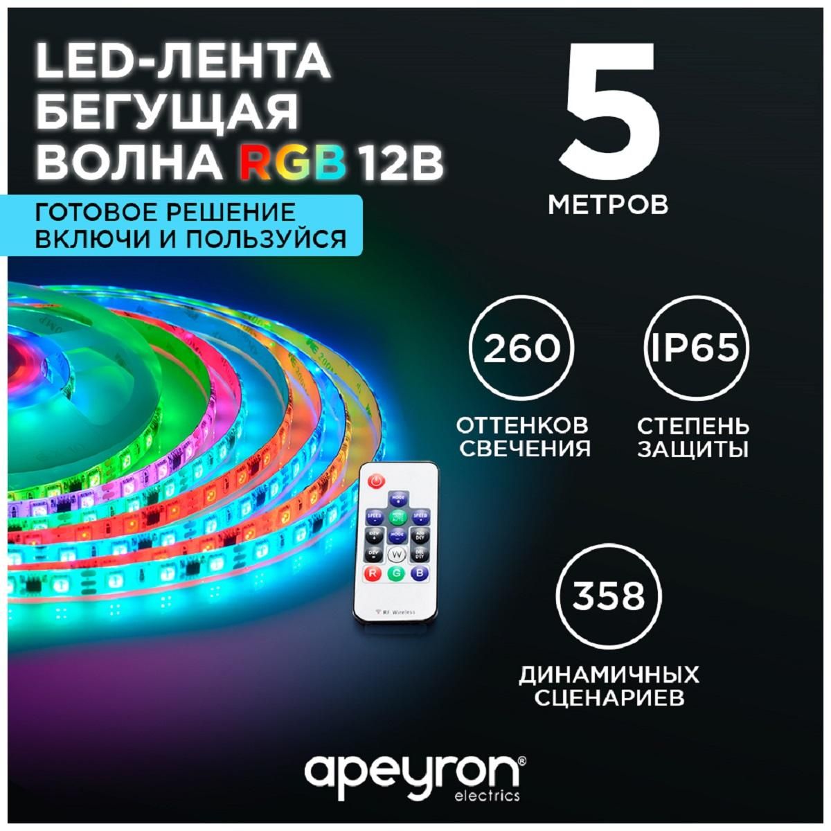 Комплект цифровой светодиодной ленты smd5050 60д/м 12В IP65 5м RGB  Apeyron - Фото 12