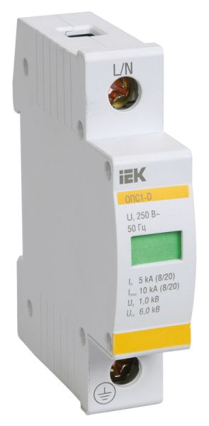 KARAT Ограничитель импульсного перенапряжения ОПС1-D 1P In=5кА Un=230В Im=10кА IEK MOP20-1-D