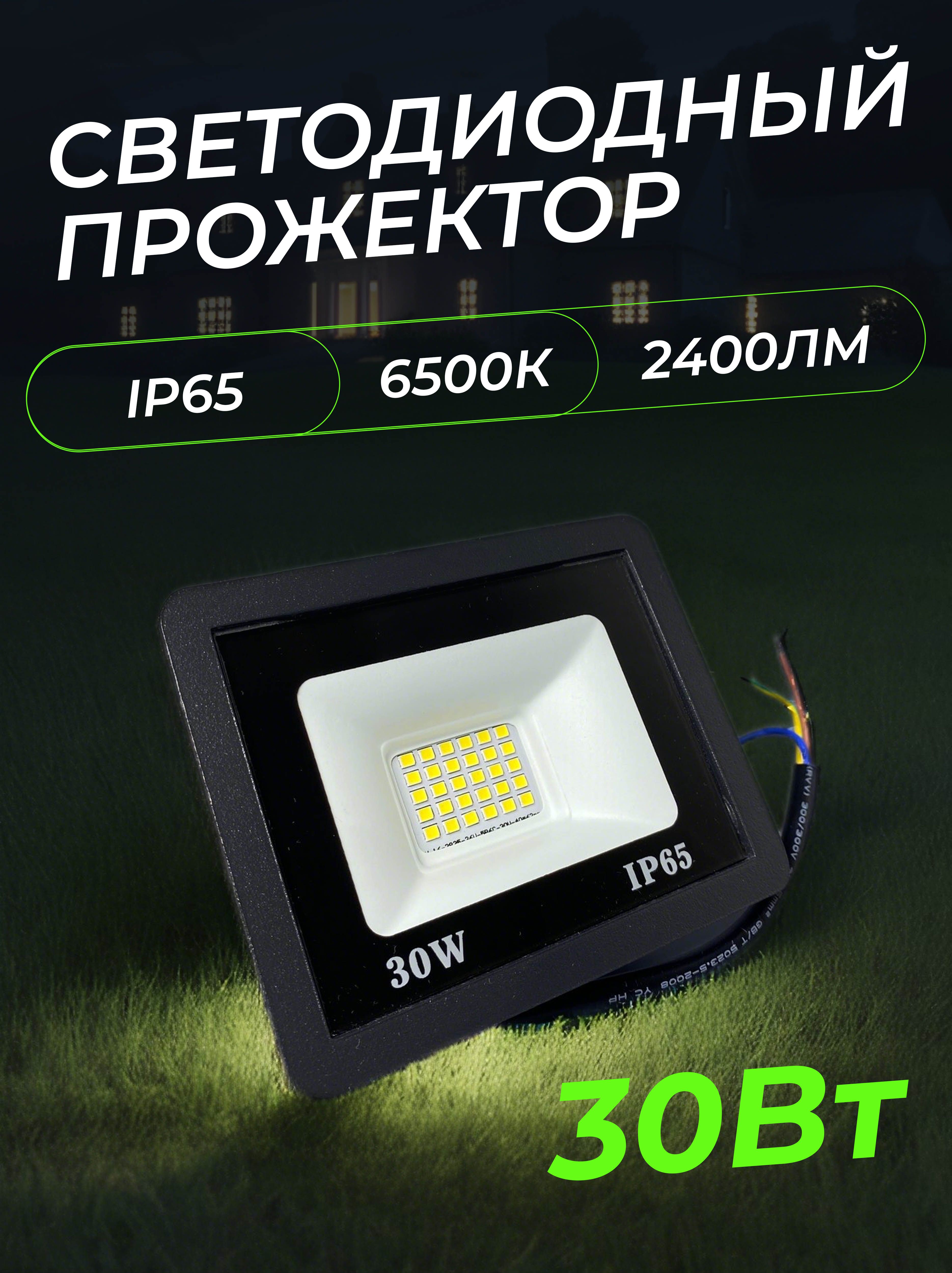 Прожектор светодиодный 30Вт, 2400лм, 6500K, черный, IP65