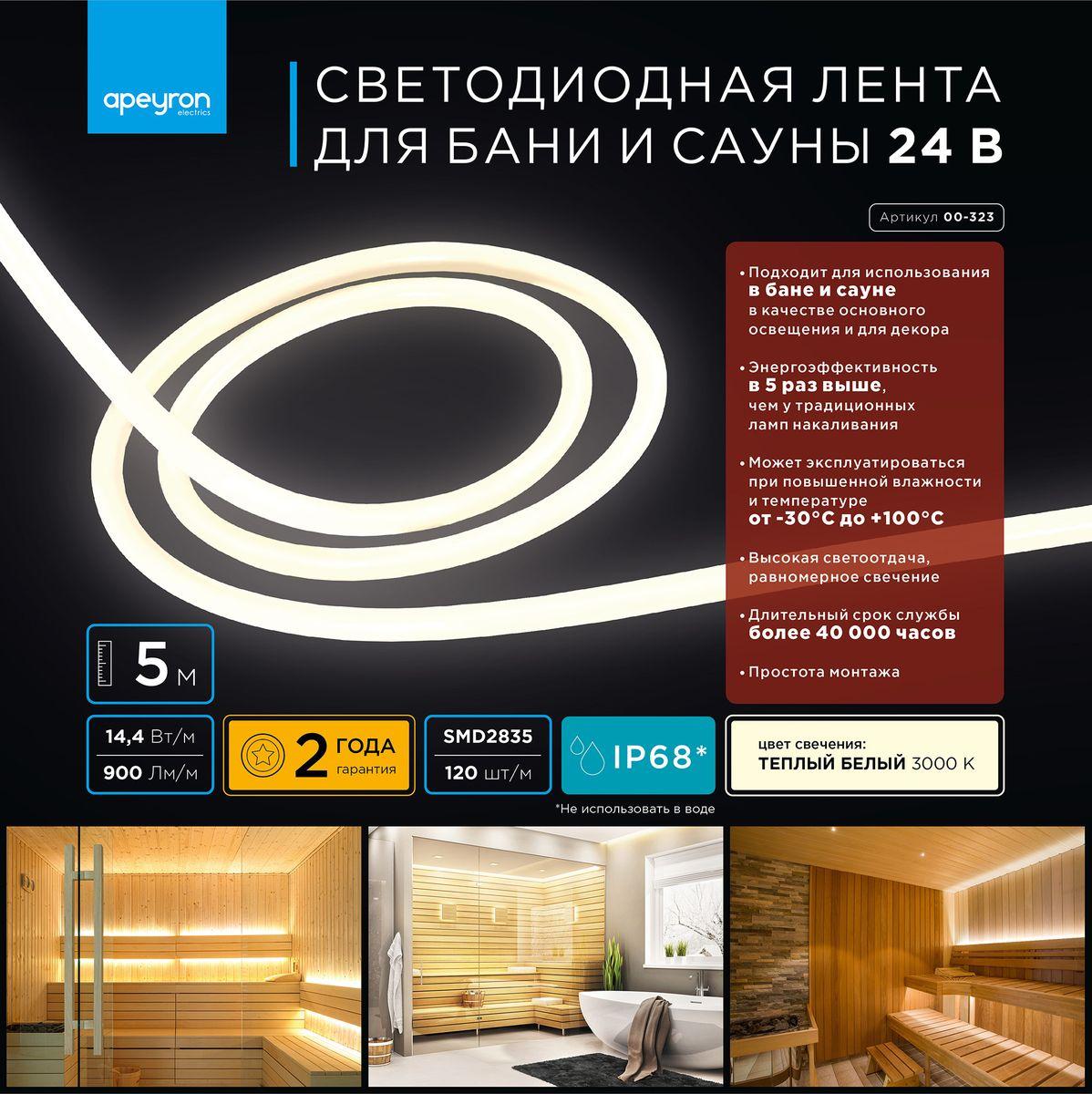 Лента светодиодная для бани и сауны СТ smd2835 180д/м 24В 3000К IP68 5м Apeyron - Фото 13