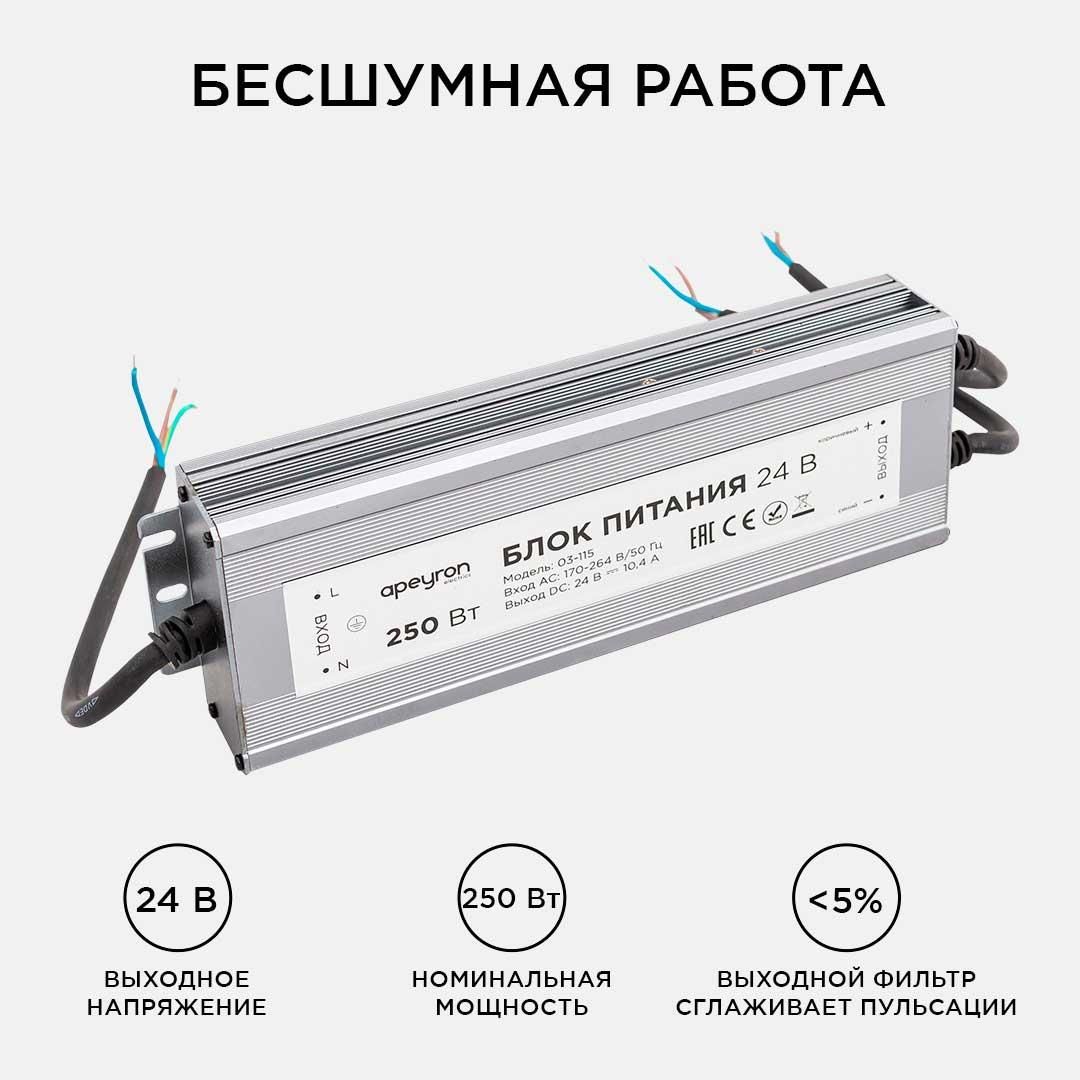 Блок питания 24В, 250Вт, импульсный, IP67, 175-265В, 10,4А, алюм., сереб., 270*95*35м Apeyron - Фото 6