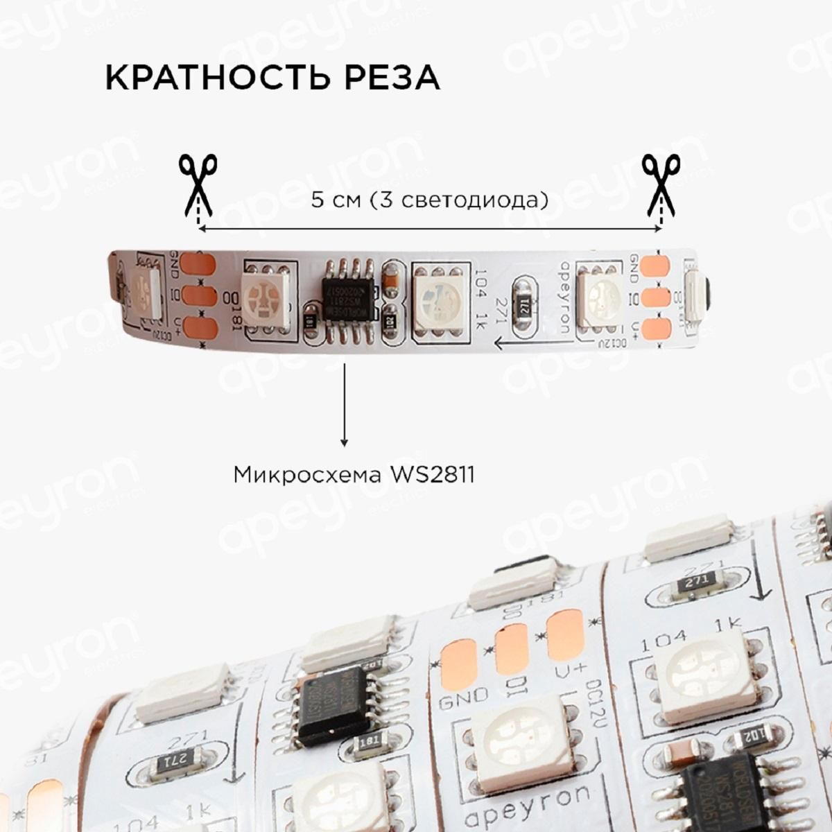 Комплект цифровой светодиодной ленты smd5050 60д/м 12В IP65 2м RGB  Apeyron - Фото 11