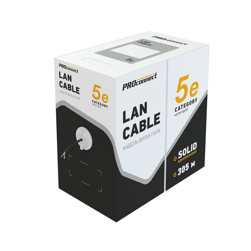 Кабель витая пара U/UTP, CAT 5e, PE, 4PR, 24AWG, OUTDOOR, SOLID, черный, 305м PROconnect - Фото 2