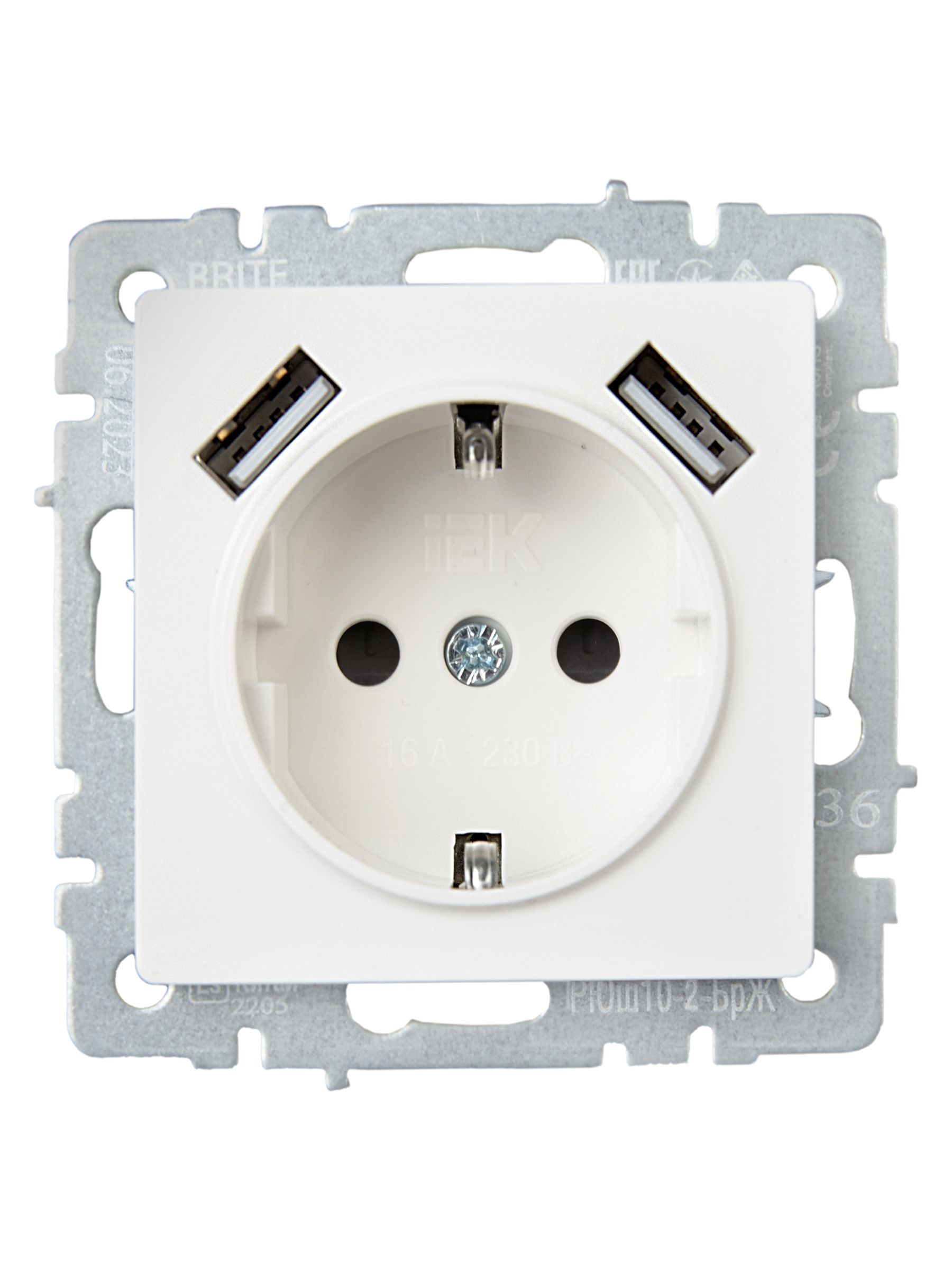 BRITE Розетка 1-местная с заземлением с защитными шторками 16А с USB A+A 5В 3,1А РЮш10-2-БрЖ жемчуг IEK - Фото 2