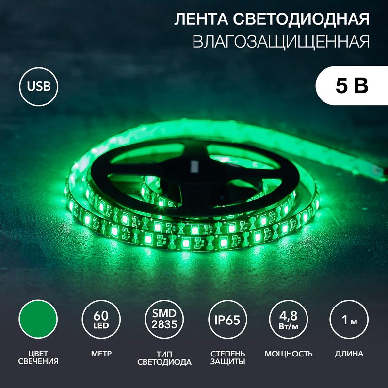 Лента светодиодная 5В, SMD2835, 4,8Вт/м, 60 LED/м, зеленый, 8мм, 1м, с USB коннектором, черная, IP65