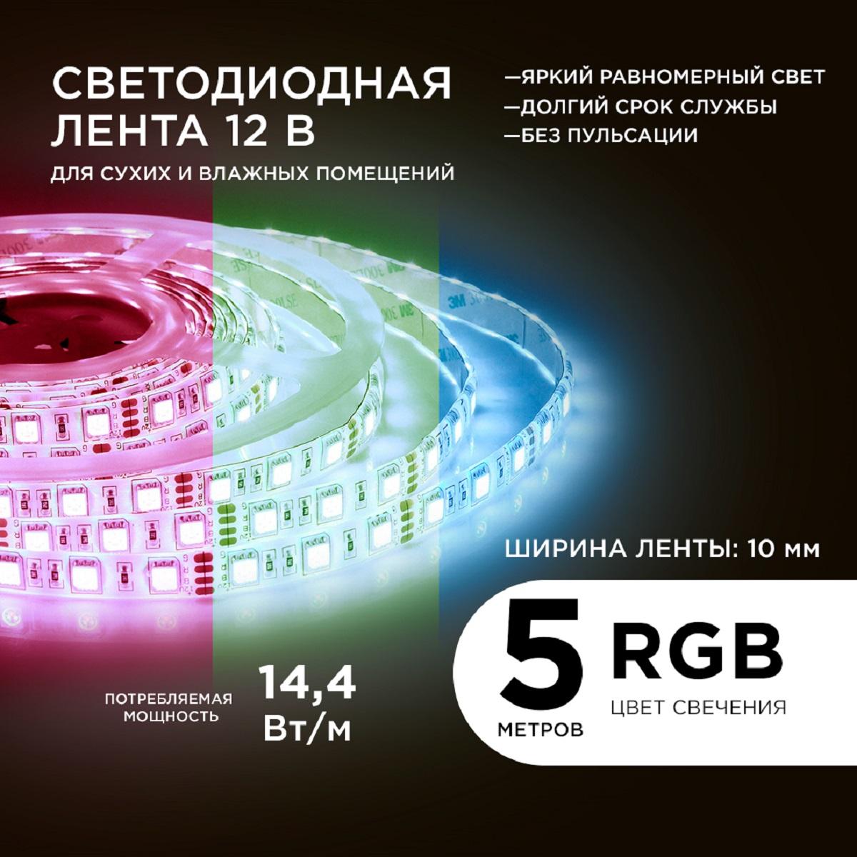 Лента светодиодная СТ smd5050 60д/м 12В IP65 5м RGB Apeyron - Фото 10