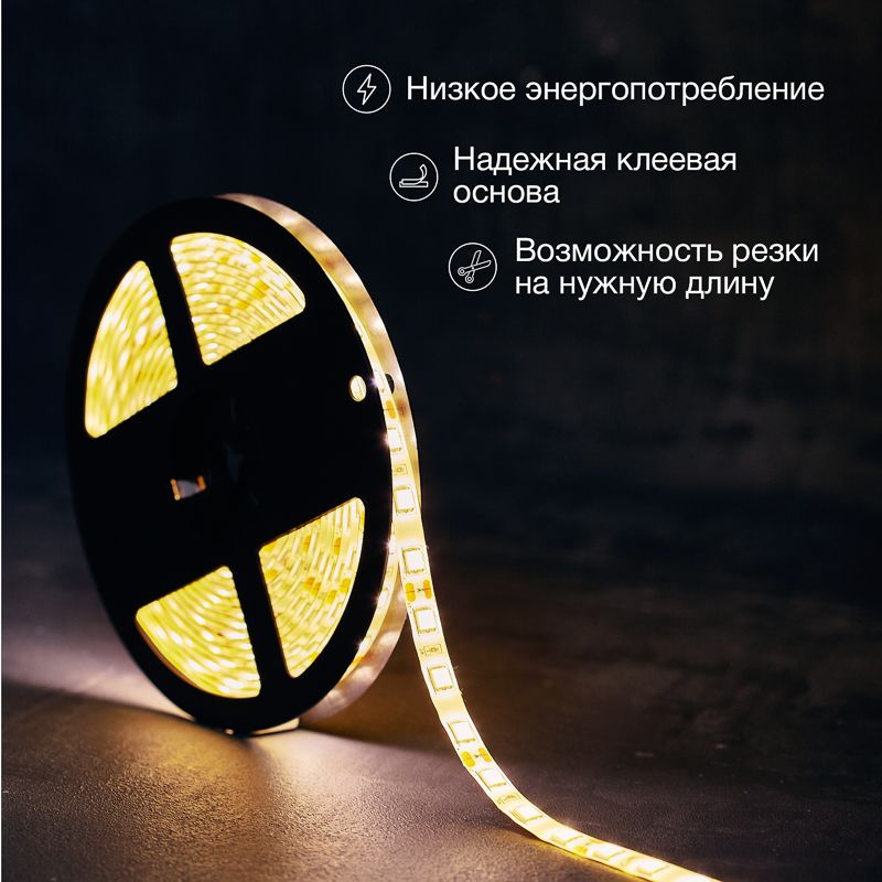 Лента светодиодная 12В, SMD5050, 14,4Вт/м, 60 LED/м, 3000К, 10мм, 5м, IP65 LAMPER - Фото 2
