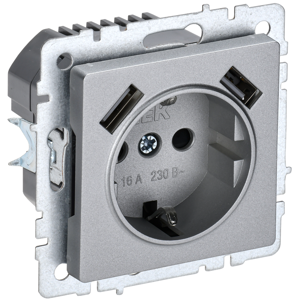 BRITE Розетка 1-местная с заземлением с защитными шторками 16А с USB A+A 5В 3,1А РЮш10-2-БрА алюминий IEK