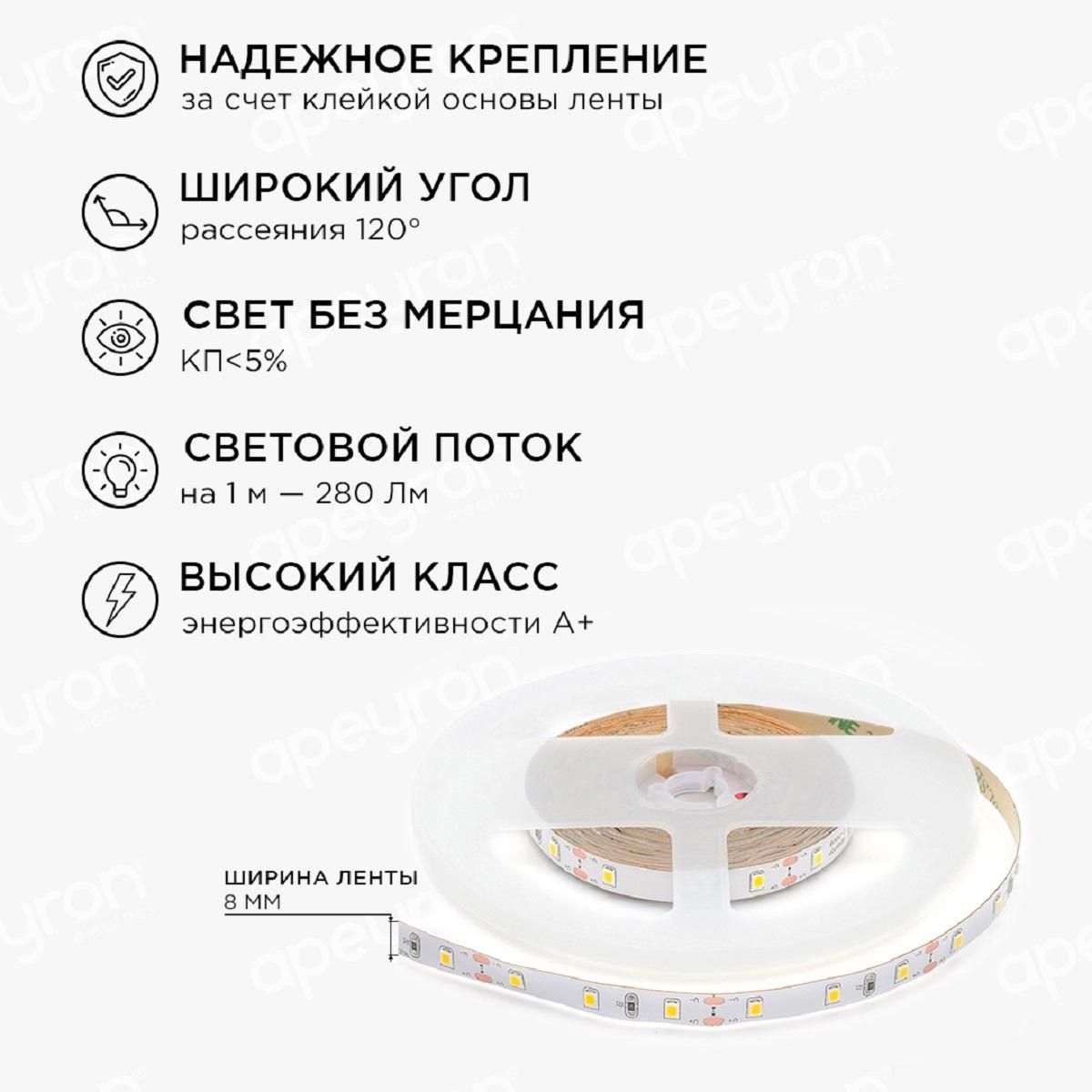 Комплект светодиодной ленты с аксессуарами smd3528 60д/м 12В 3000K IP20 2,5м Apeyron - Фото 6