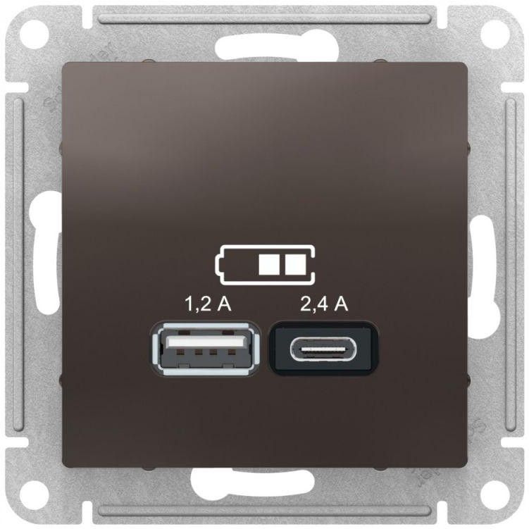 Розетка USB AtlasDesign тип A+C 5В/2.4А 2х5В/1.2А механизм мокко SE ATN000639