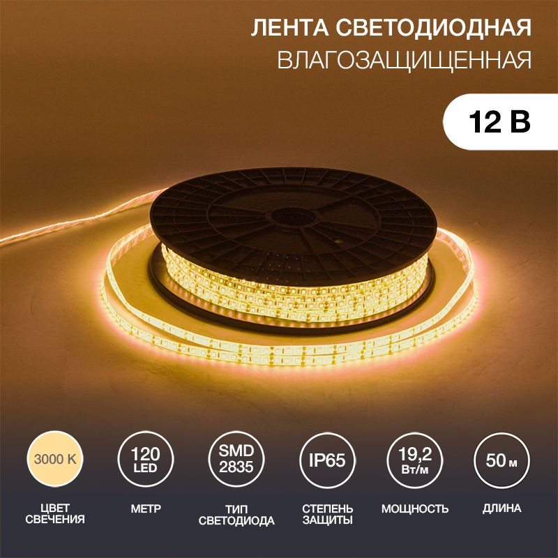Лента светодиодная 12В, SMD2835, 120 LED/м, 3000К, 10мм, 50м, IP65 LAMPER