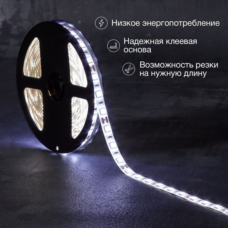 Лента светодиодная 12В, SMD5050, 14,4Вт/м, 60 LED/м, 6500К, 10мм, 5м, для БП с клеммами, IP65 LAMPER - Фото 2