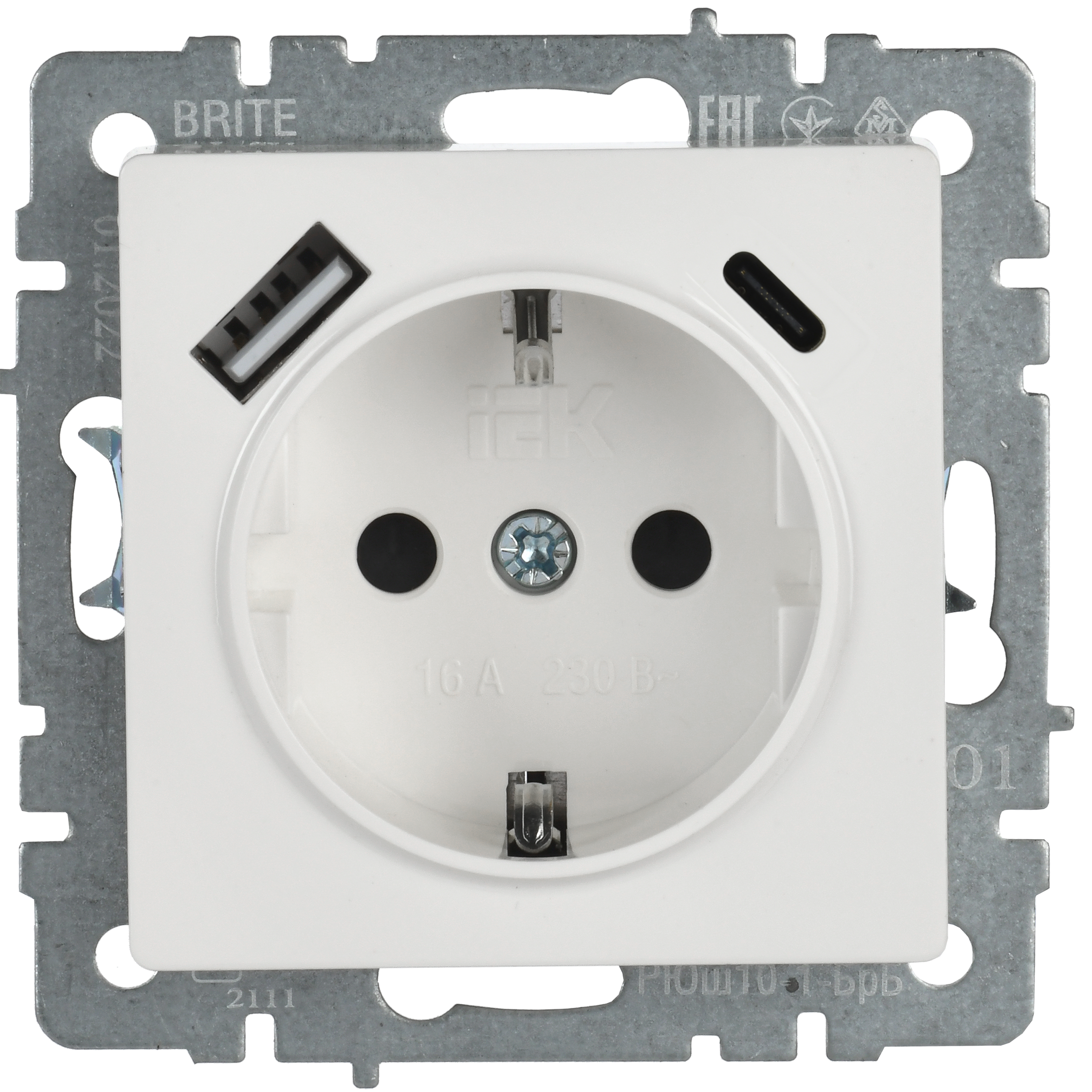BRITE Розетка 1-местная с заземлением с защитными шторками 16А с USB A+C 18Вт РЮш11-1-БрБ белый IEK - Фото 4