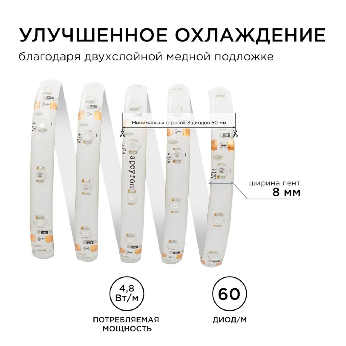 Лента светодиодная СТ smd3528 60д/м 12В IP65 5м зеленый Apeyron - Фото 6