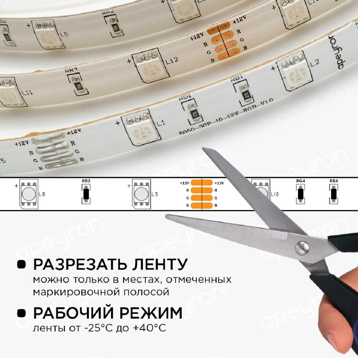 Комплект светодиодной ленты smd5050 30д/м 12В IP65 5м RGB Apeyron - Фото 4