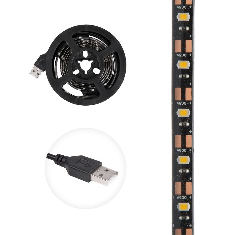 Лента светодиодная 5В, SMD2835, 4,8Вт/м, 60 LED/м, 3000K, 8мм, 1м, с USB коннектором, черная, IP65 L - Фото 2