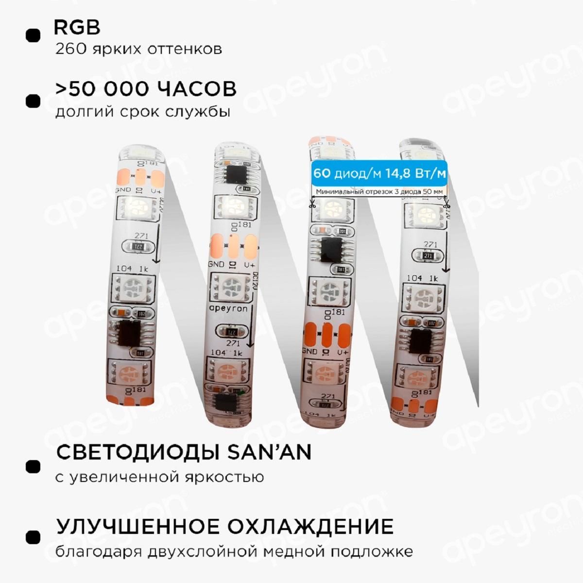 Комплект цифровой светодиодной ленты smd5050 60д/м 12В IP65 5м RGB  Apeyron - Фото 10