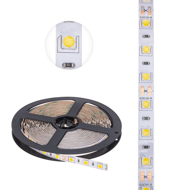 Лента светодиодная 12В, SMD5050, 14,4Вт/м, 60 LED/м, 2700К, 10мм, 5м, для БП с клеммами, IP20 LAMPER - Фото 3