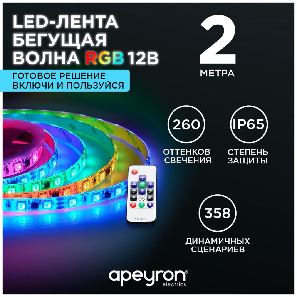 Комплект цифровой светодиодной ленты smd5050 60д/м 12В IP65 2м RGB  Apeyron - Фото 12