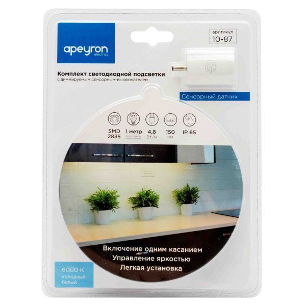 Комплект светодиодной подсветки (лента) smd2835 60д/м 12В 6000К IP65 1,5м 10-87 Apeyron - Фото 2