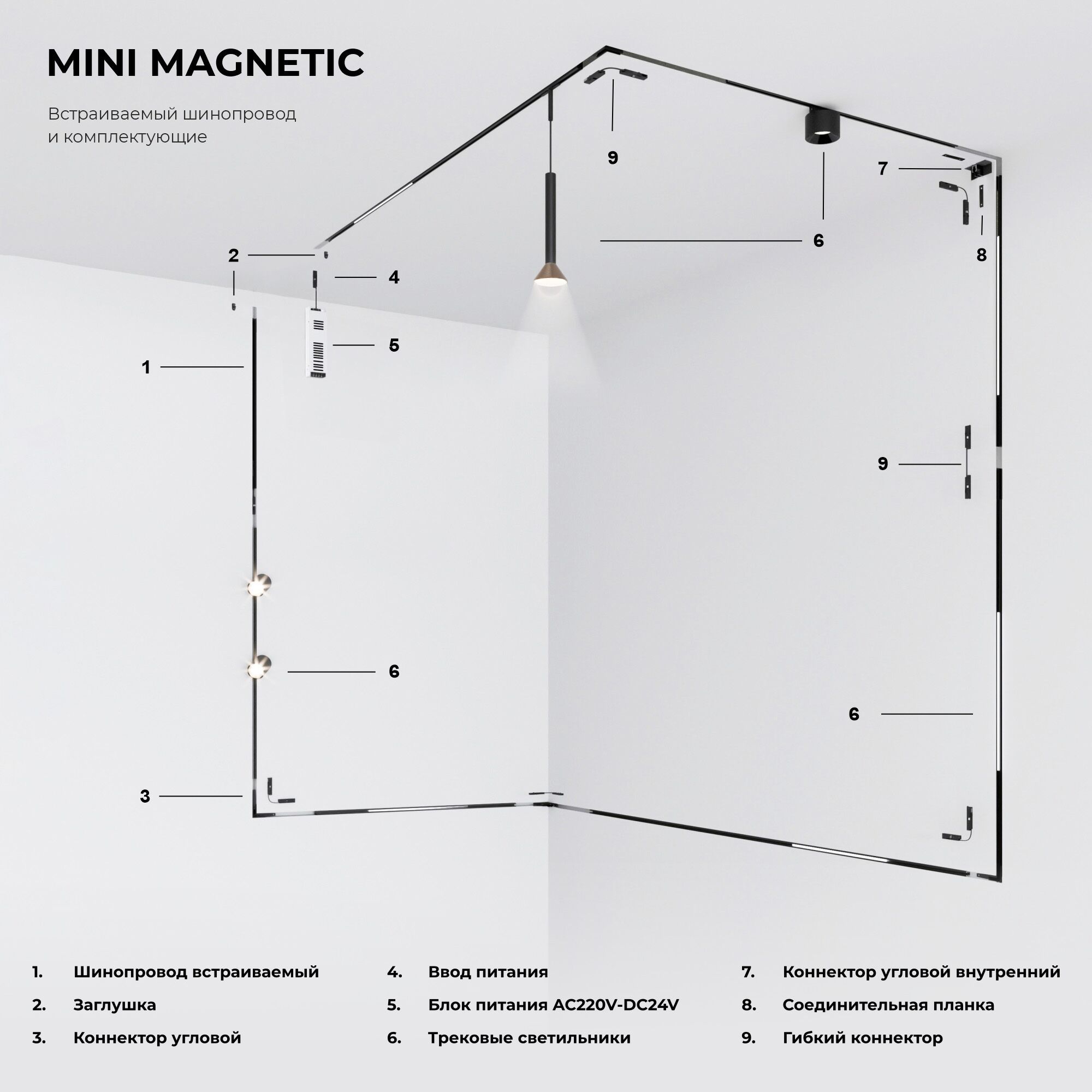 Mini Magnetic Коннектор угловой внутренний для встраиваемого шинопровода (черный) - Фото 7