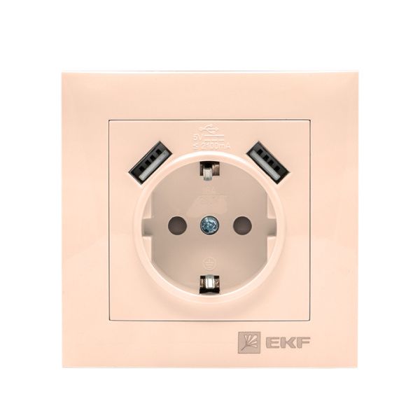 Валенсия розетка 1-местная с/з 16А кремовая с защ. штор. с 2 USB 2,1А EKF