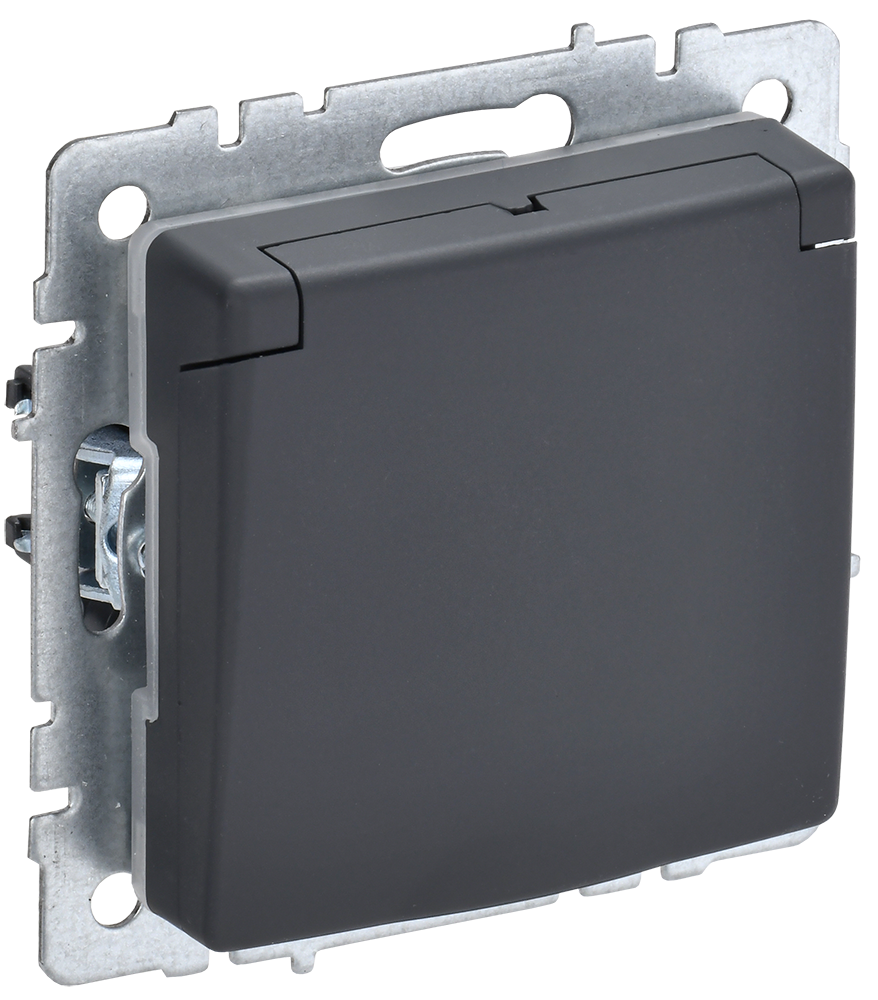 BRITE Розетка 1-местная с заземлением с защитными шторками и крышкой 16А IP44 РСбш10-3-44-БрГ графит IEK