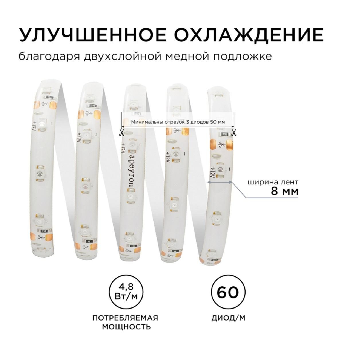 Лента светодиодная СТ smd3528 60д/м 12В IP65 5м синий Apeyron - Фото 6