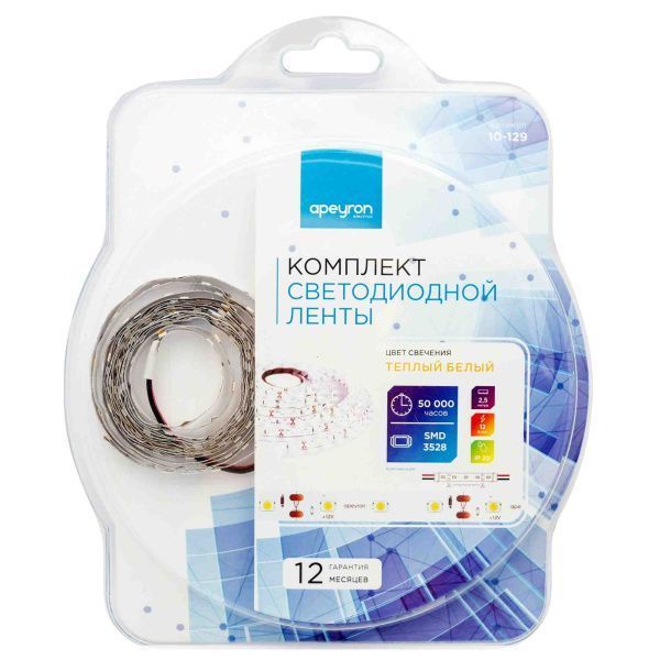 Лента светодиодная в блистере СТ smd3528 60д/м 12В 3000К IP20 2,5м Apeyron