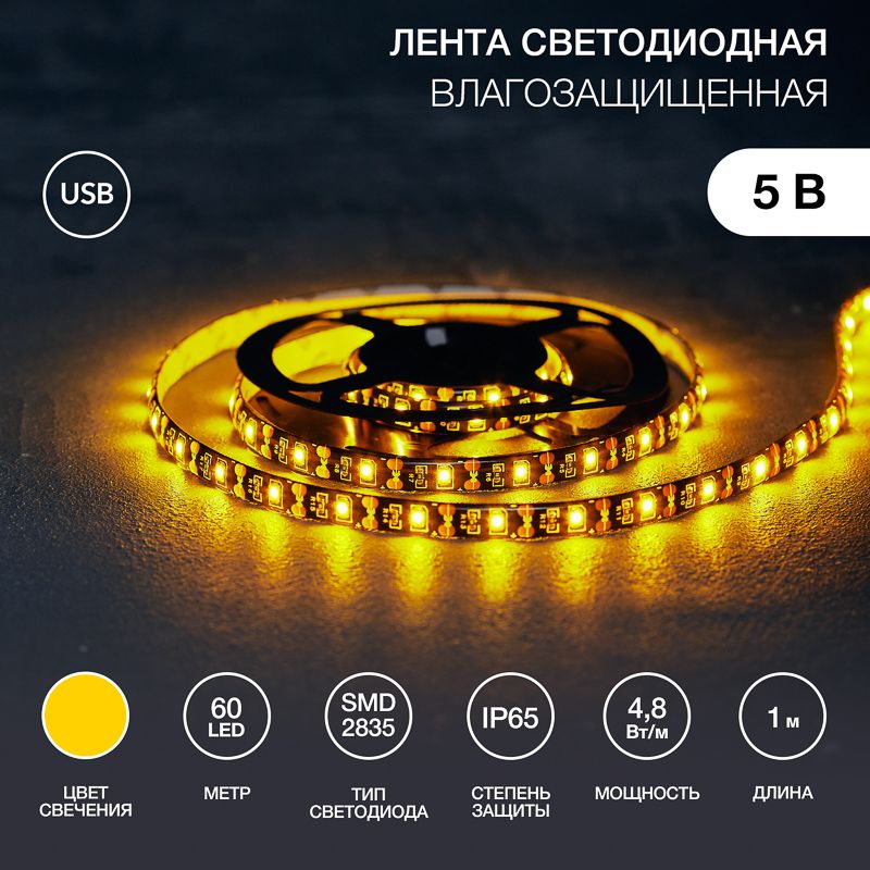 Лента светодиодная 5В, SMD2835, 4,8Вт/м, 60 LED/м, желтый, 8мм, 1м, с USB коннектором, черная, IP65 
