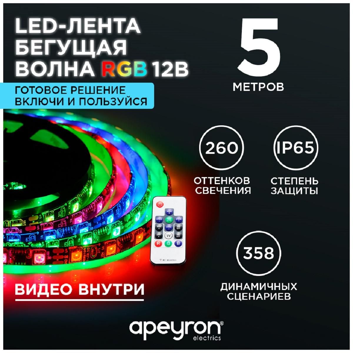 Комплект цифровой светодиодной ленты smd5050 60д/м 12В IP65 5м RGB Apeyron - Фото 12