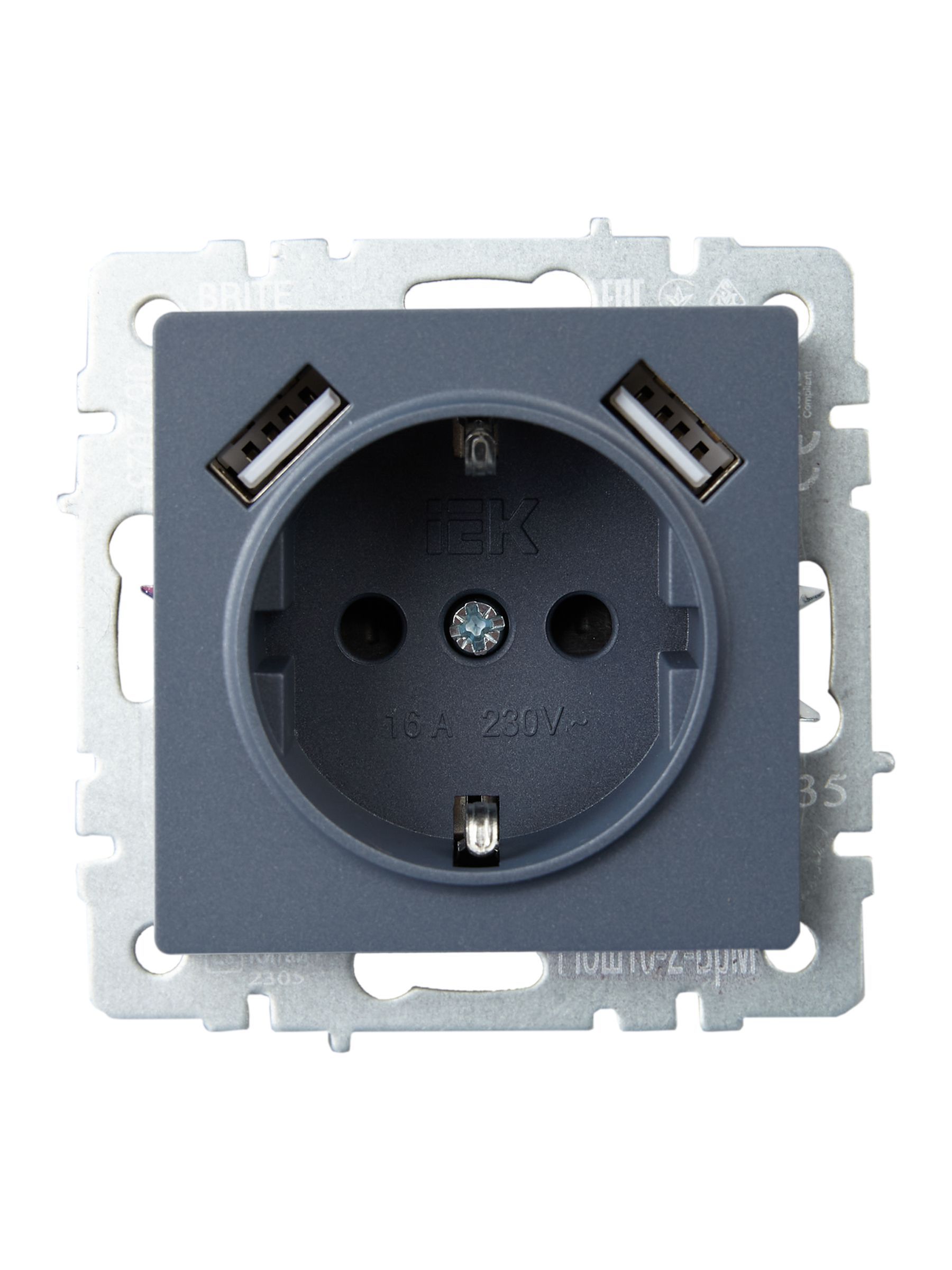 BRITE Розетка 1-местная с заземлением с защитными шторками 16А с USB A+A 5В 3,1А РЮш10-2-БрМ маренго IEK - Фото 2