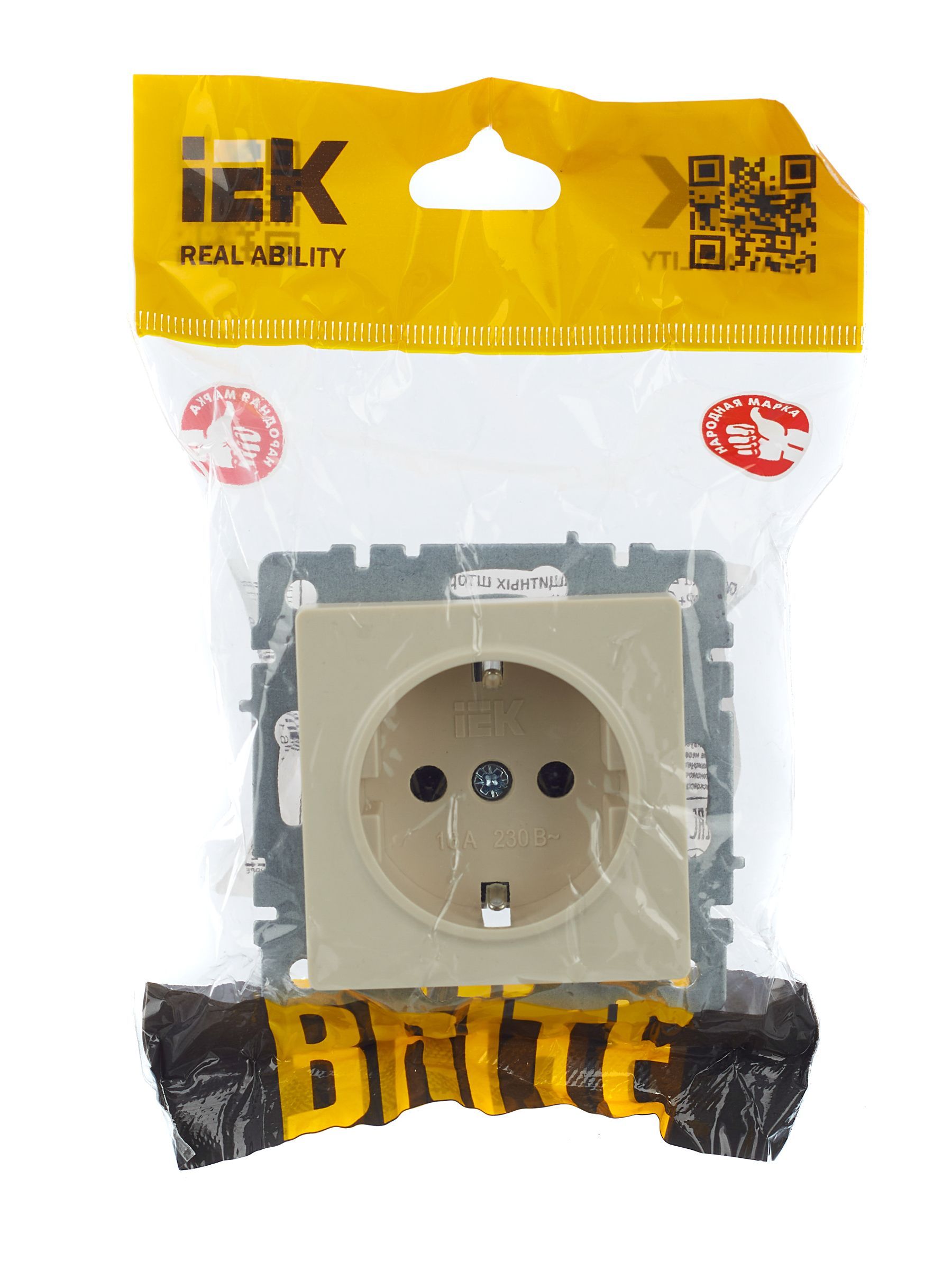 BRITE Розетка 1-местная с заземлением без защитных шторок 16А РС11-1-0-БрКр бежевый IEK - Фото 2