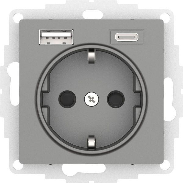 Розетка 3-м СП AtlasDesign 16А IP20 с 2-мя заряд. устройствами USB тип A+C механизм сталь SE ATN0009