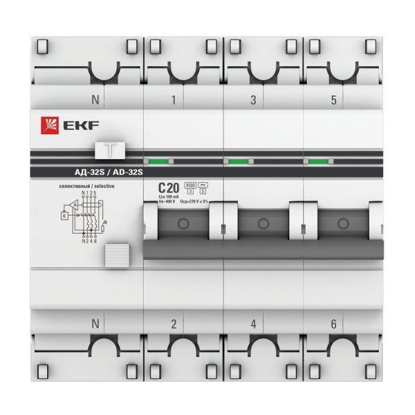 АД-32 3P+N (S) 20А (С) 100мА тип (АС) эл. 4,5кА EKF PROxima