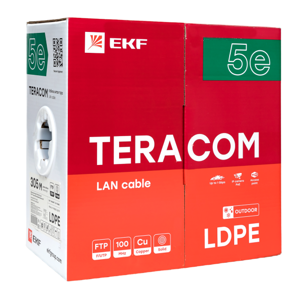 Витая пара TERACOM Cat.5E F/UTP 4 п. solid внеш. LDPE черн. (305м) - Фото 2