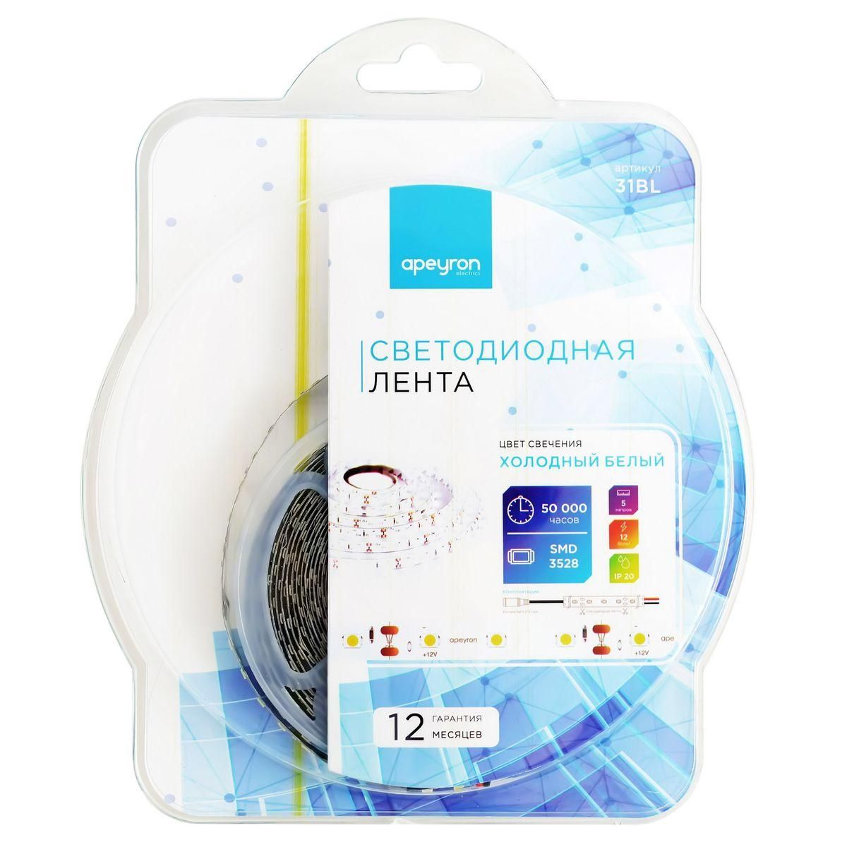 Лента светодиодная в блистере СТ smd3528 120д/м 12В 6500К IP20 5м Apeyron - Фото 7