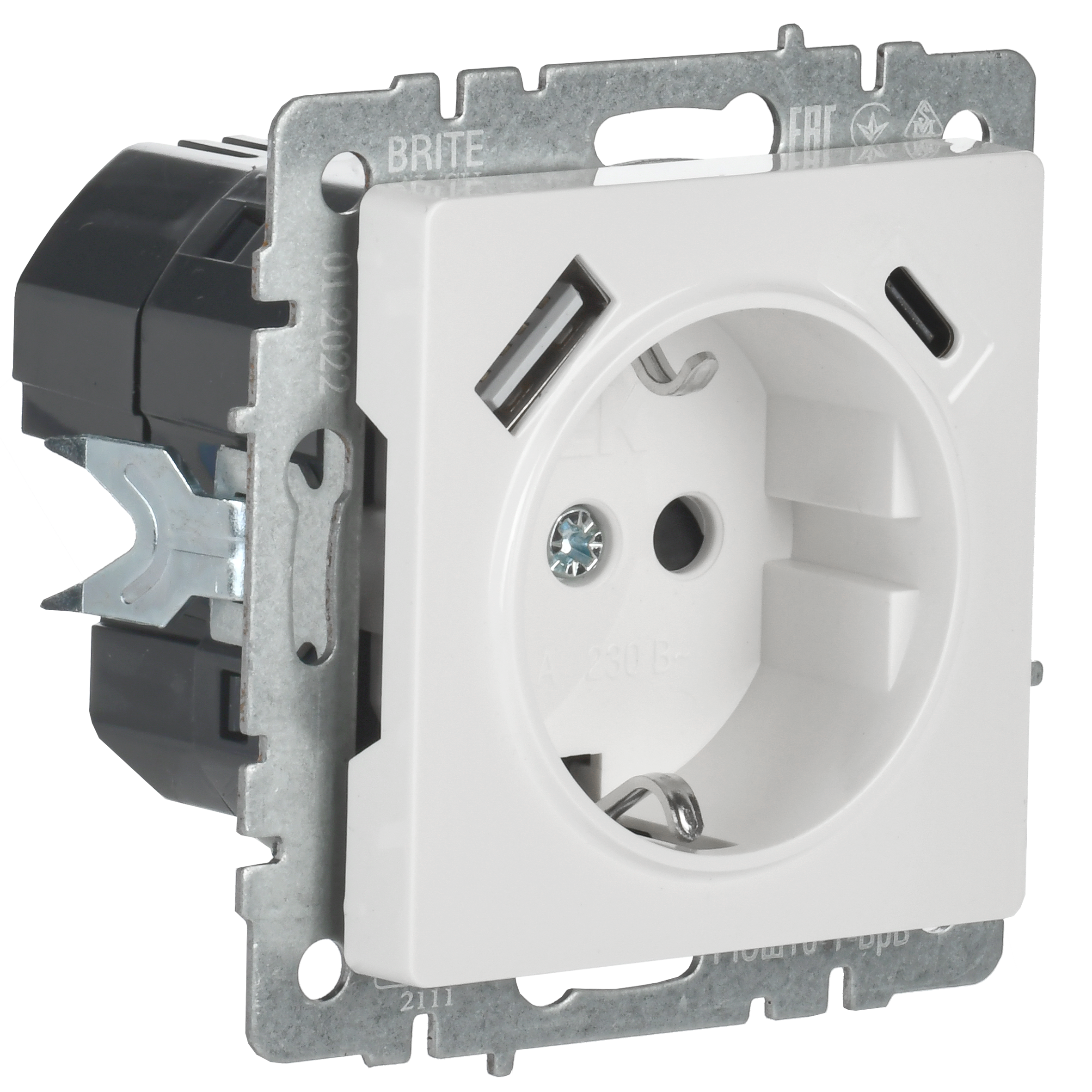 BRITE Розетка 1-местная с заземлением с защитными шторками 16А с USB A+C 18Вт РЮш11-1-БрБ белый IEK - Фото 2