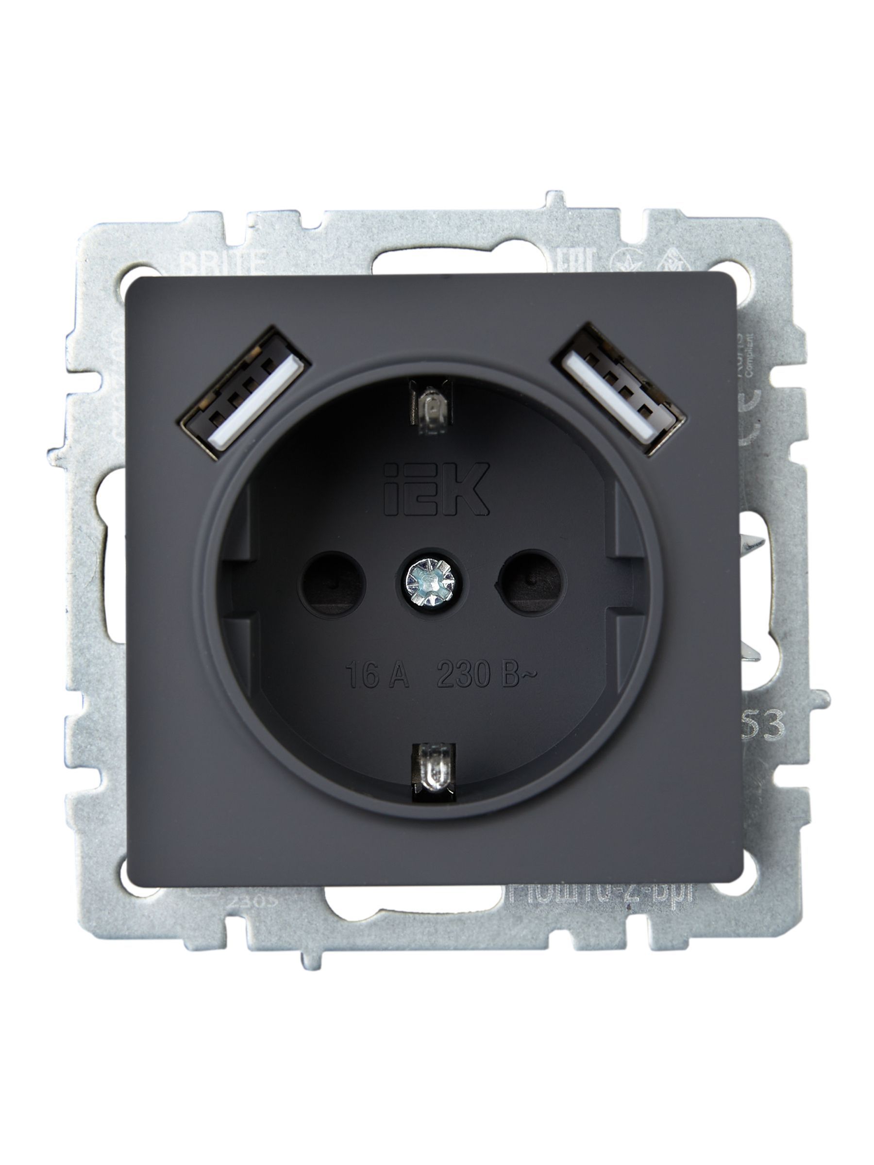 BRITE Розетка 1-местная с заземлением с защитными шторками 16А с USB A+A 5В 3,1А РЮш10-2-БрГ графит IEK - Фото 8