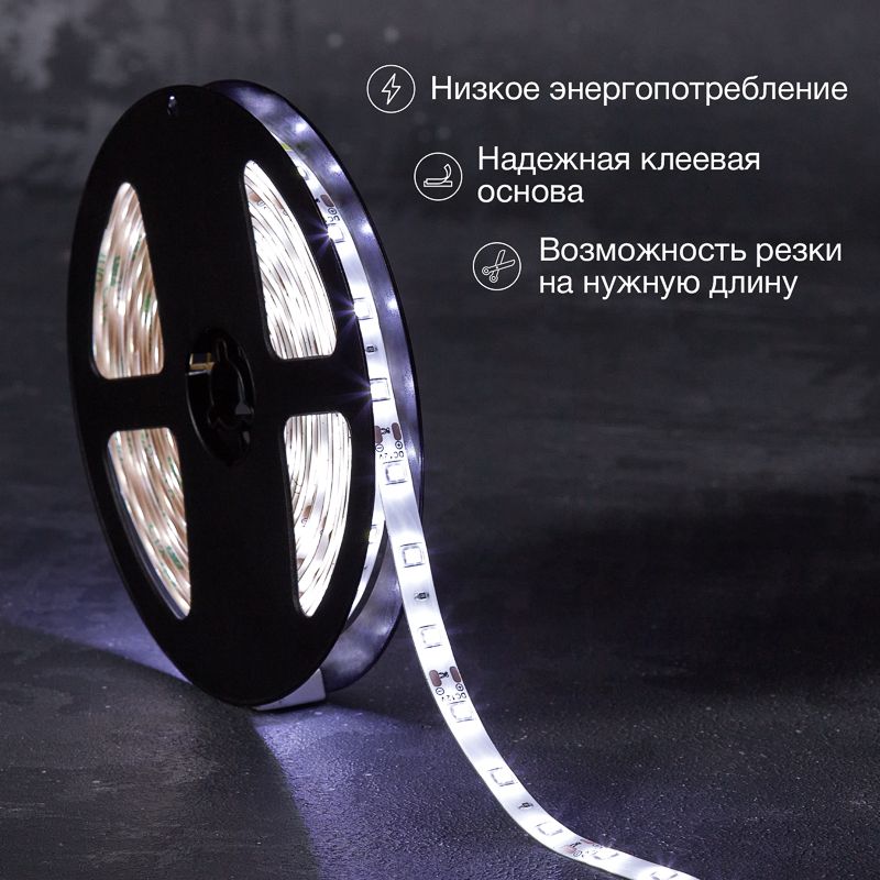 Лента светодиодная 12В, SMD2835, 4,8Вт/м, 60 LED/м, 6500К, 8мм, 5м, для БП с клеммами, IP65 LAMPER - Фото 2