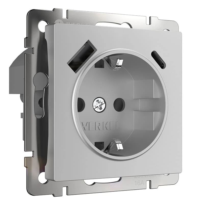 Розетка с заземлением, шторками и USB тип A+C (серебряный) Werkel