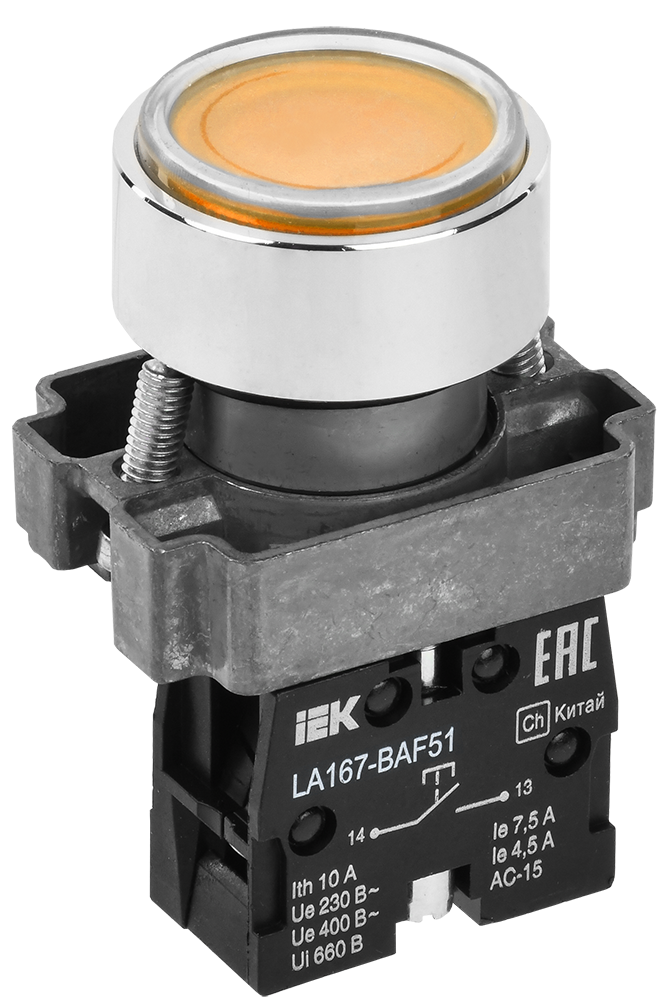 Кнопка управления LA167-BAF51 d=22мм 1з желтая IEK