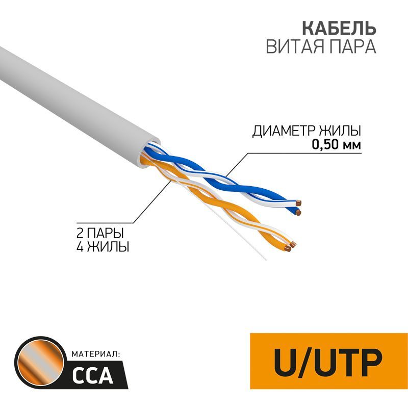 Кабель витая пара омедненный U/UTP, CCA, CAT 5e, PVC, 2PR, 24AWG, INDOOR, SOLID, серый, 305м PROconnect 01-0022-3