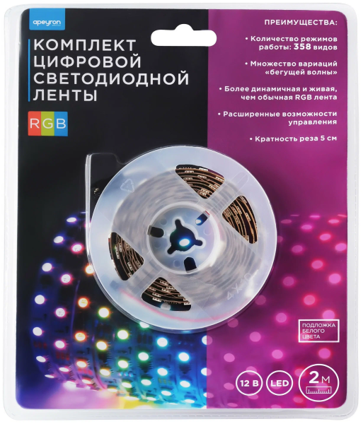 Комплект цифровой светодиодной ленты smd5050 60д/м 12В IP20 2м RGB  Apeyron